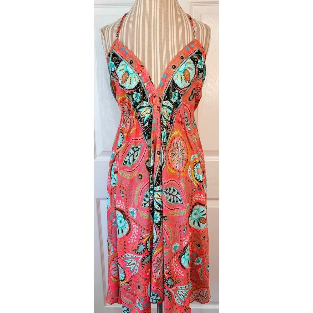 Silk Boho India Floral Gold Metallic Swimsuit Cover Up Medium - Picture 1 of 9